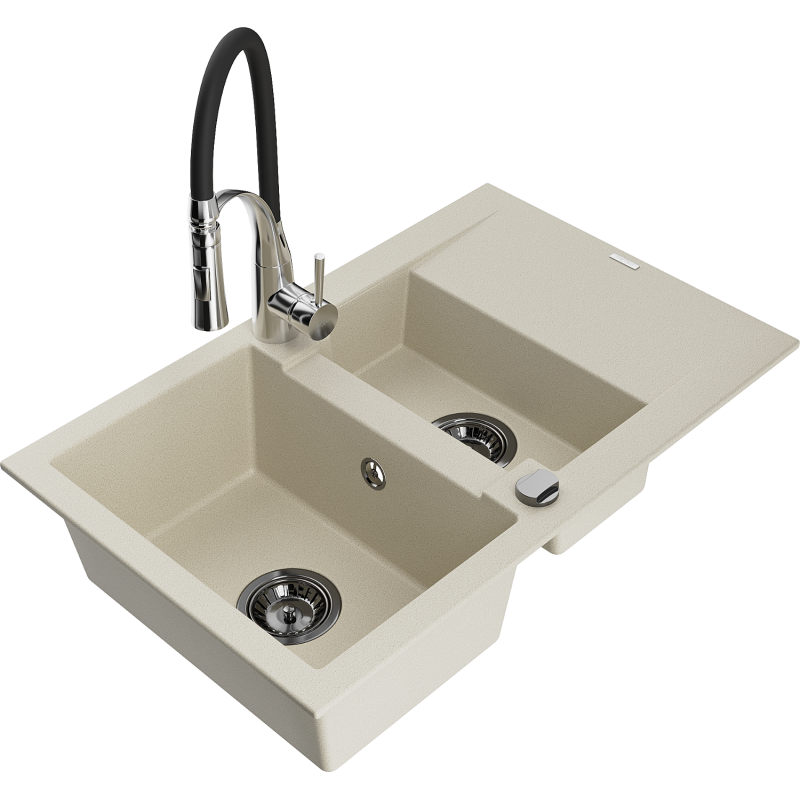 Mexen Gaspar Granitspüle 1,5-beckig mit Abtropffläche und Küchenarmatur Aster, beige - 6507-69-73450-07-B