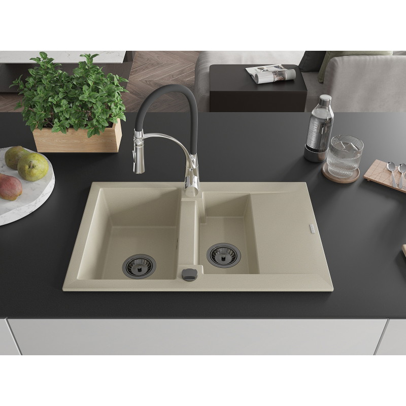 Mexen Gaspar 1,5-Kammer-Granispülbecken mit Abtropffläche und Küchenarmatur Aster, beige - 6507-69-73450-07-B