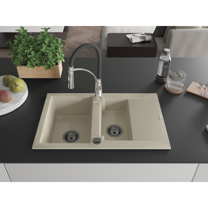 Mexen Gaspar Granitspüle 1,5-beckig mit Abtropffläche und Küchenarmatur Aster, beige - 6507-69-73450-07-B