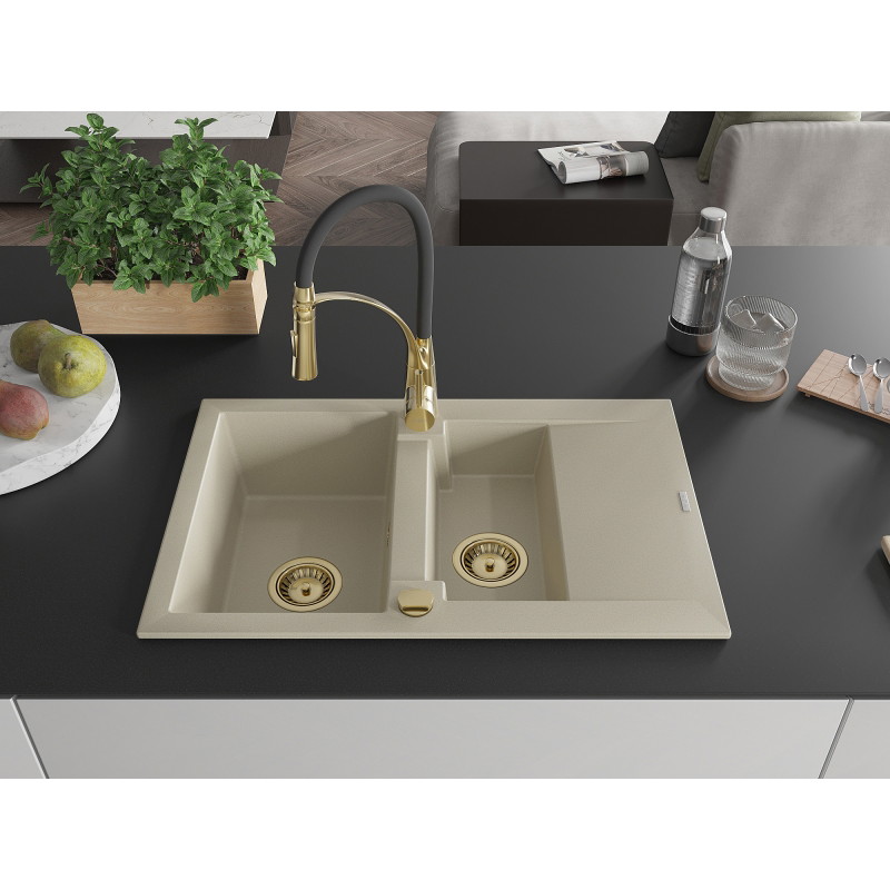 Mexen Gaspar Granitspüle 1,5-becken mit Abtropffläche und Küchenarmatur Aster, beige - 6507-69-73450-57-G