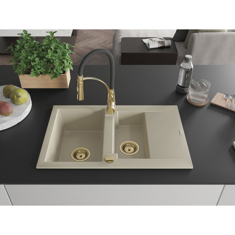 Mexen Gaspar Granitspüle 1,5-Beckendesign mit Abtropffläche und Küchenarmatur Aster, beige - 6507-69-73450-57-G