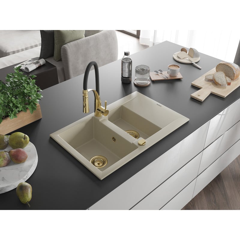 Mexen Gaspar Granitspüle 1,5-Beckendesign mit Abtropffläche und Küchenarmatur Aster, beige - 6507-69-73450-57-G