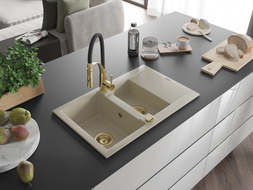 Mexen Gaspar Granitspüle 1,5-Beckendesign mit Abtropffläche und Küchenarmatur Aster, beige - 6507-69-73450-57-G