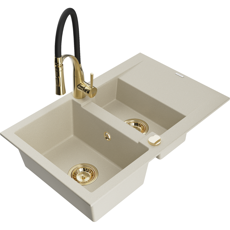 Mexen Gaspar Granitspüle 1,5-Beckendesign mit Abtropffläche und Küchenarmatur Aster, beige - 6507-69-73450-57-G
