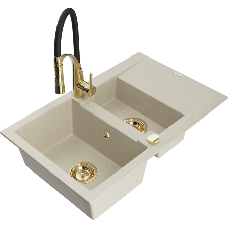 Mexen Gaspar Granitspüle 1,5-becken mit Abtropffläche und Küchenarmatur Aster, beige - 6507-69-73450-57-G