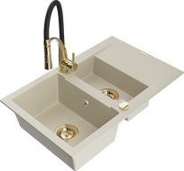 Mexen Gaspar Granitspüle 1,5-Beckendesign mit Abtropffläche und Küchenarmatur Aster, beige - 6507-69-73450-57-G