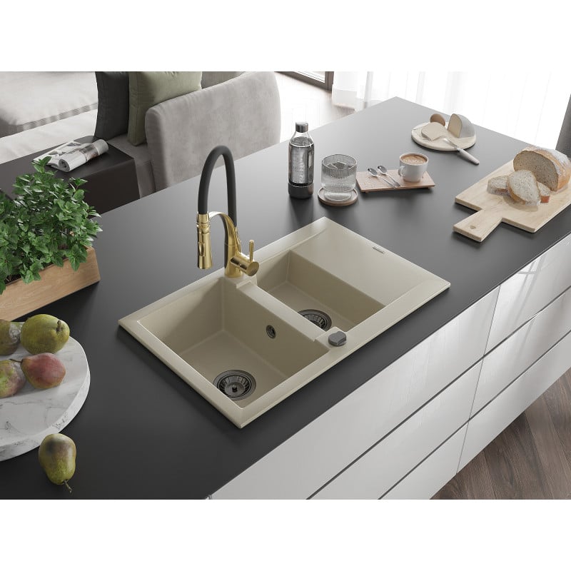 Mexen Gaspar Granit-Spülbecken 1,5-Kammer mit Abtropffläche und Küchenarmatur Aster, beige - 6507-69-73450-57-B