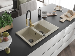 Mexen Gaspar Granit-Spülbecken 1,5-Kammer mit Abtropffläche und Küchenarmatur Aster, beige - 6507-69-73450-57-B