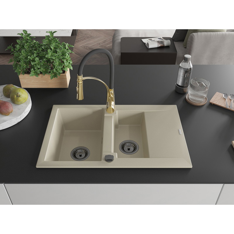 Mexen Gaspar Granit-Spülbecken 1,5-Kammer mit Abtropffläche und Küchenarmatur Aster, beige - 6507-69-73450-57-B
