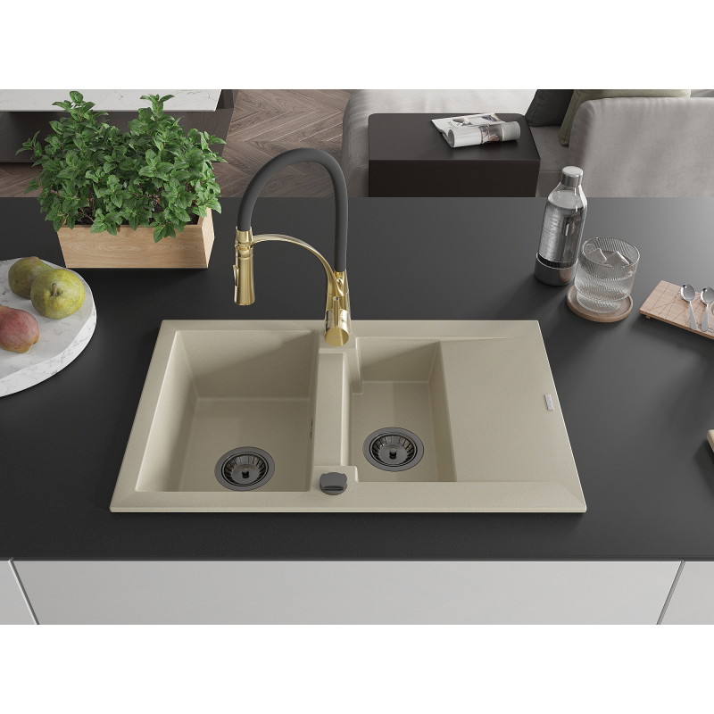 Mexen Gaspar Granitspüle 1,5-fach mit Abtropffläche und Küchenarmatur Aster, beige - 6507-69-73450-57-B
