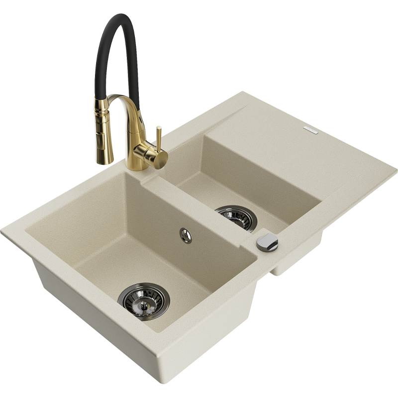Mexen Gaspar Granit-Spülbecken 1,5-Kammer mit Abtropffläche und Küchenarmatur Aster, beige - 6507-69-73450-57-B
