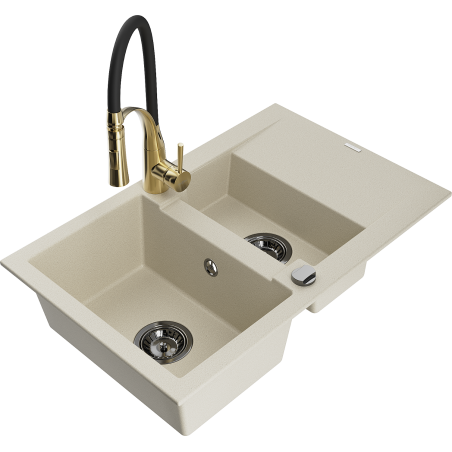 Mexen Gaspar Granit-Spülbecken 1,5-Kammer mit Abtropffläche und Küchenarmatur Aster, beige - 6507-69-73450-57-B