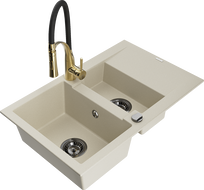 Mexen Gaspar Granit-Spülbecken 1,5-Kammer mit Abtropffläche und Küchenarmatur Aster, beige - 6507-69-73450-57-B