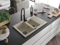 Mexen Gaspar Granitspüle 1,5-beckig mit Abtropffläche und Küchenarmatur Aster, beige - 6507-69-73450-70-B