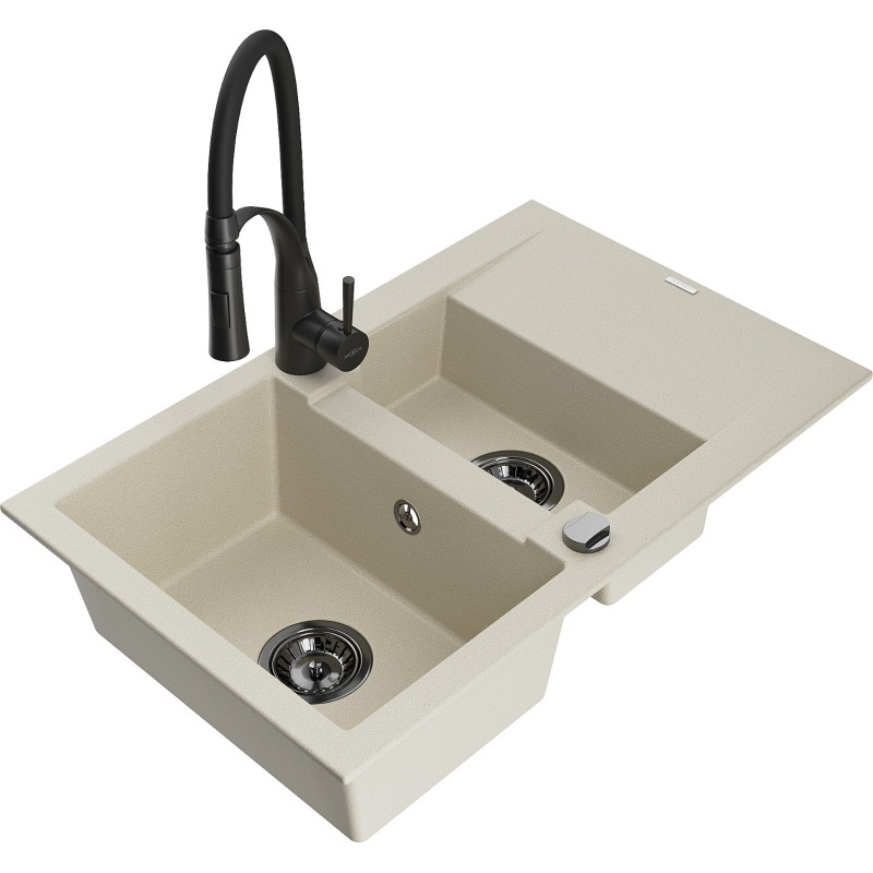 Mexen Gaspar Granitspüle 1,5-becken mit Abtropffläche und Küchenarmatur Aster, beige - 6507-69-73450-70-B