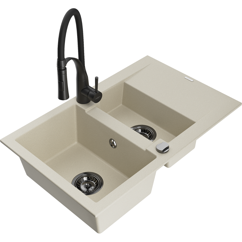 Mexen Gaspar Granitspüle 1,5-beckig mit Abtropffläche und Küchenarmatur Aster, beige - 6507-69-73450-70-B