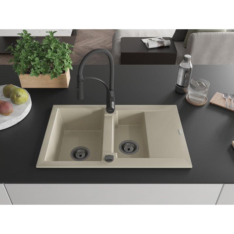 Mexen Gaspar Granitspüle 1,5-beckig mit Abtropffläche und Küchenarmatur Aster, beige - 6507-69-73450-70-B