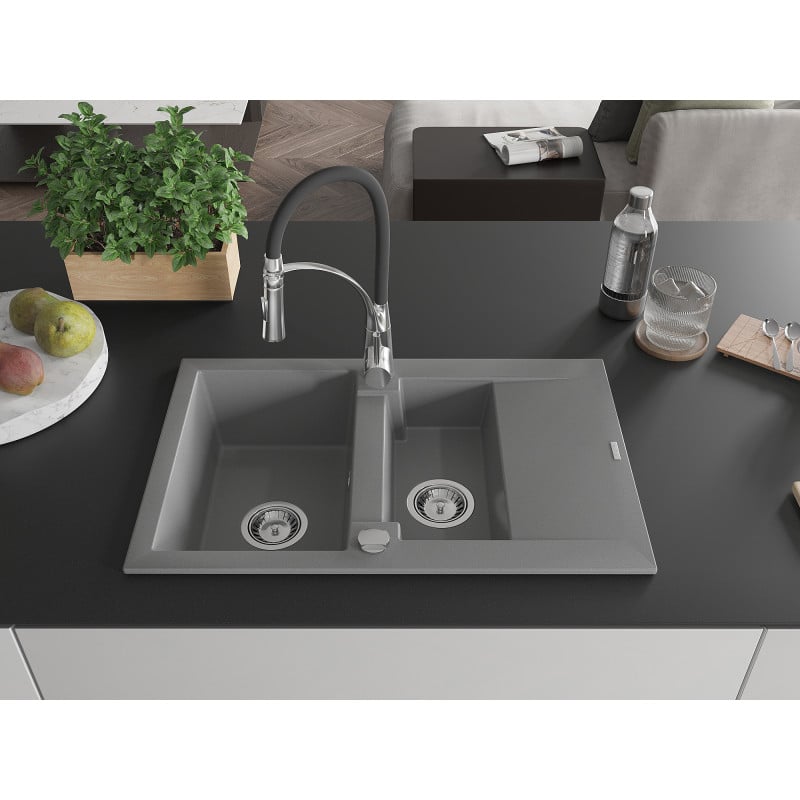 Mexen Gaspar Granitspüle 1,5-Becken mit Abtropffläche und Küchenarmatur Aster, grau - 6507-71-73450-07