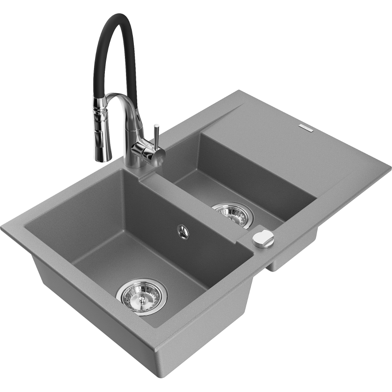 Mexen Gaspar Granitspüle 1,5-Becken mit Abtropffläche und Küchenarmatur Aster, grau - 6507-71-73450-07