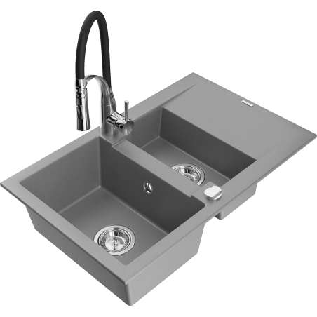Mexen Gaspar Granitspüle 1,5-Becken mit Abtropffläche und Küchenarmatur Aster, grau - 6507-71-73450-07