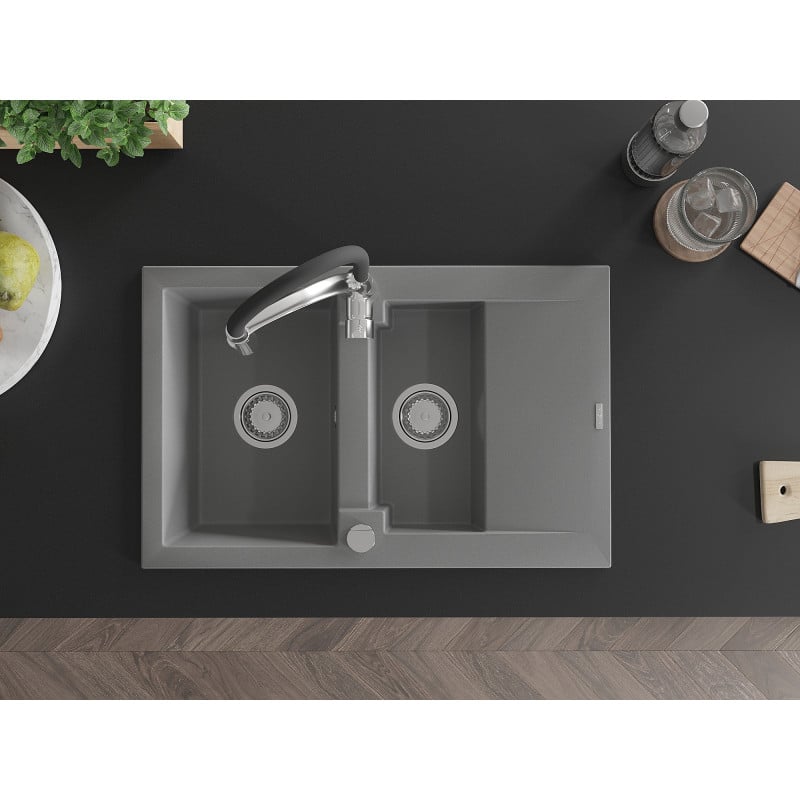 Mexen Gaspar Granitspüle 1,5-Becken mit Abtropffläche und Küchenarmatur Aster, grau - 6507-71-73450-07