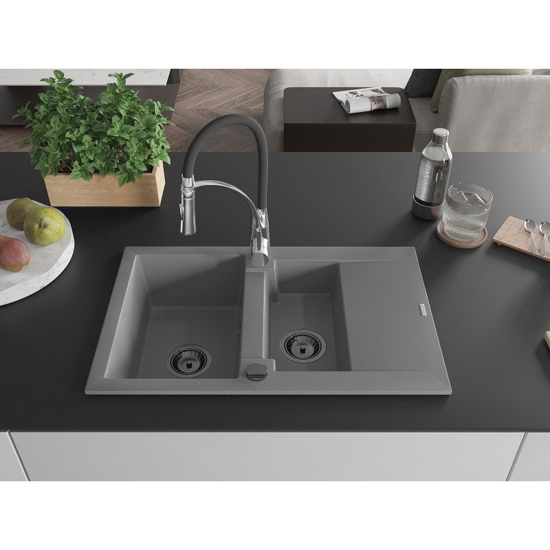 Mexen Gaspar Granitspüle 1,5-becken mit Abtropffläche und Küchenarmatur Aster, grau - 6507-71-73450-07-B