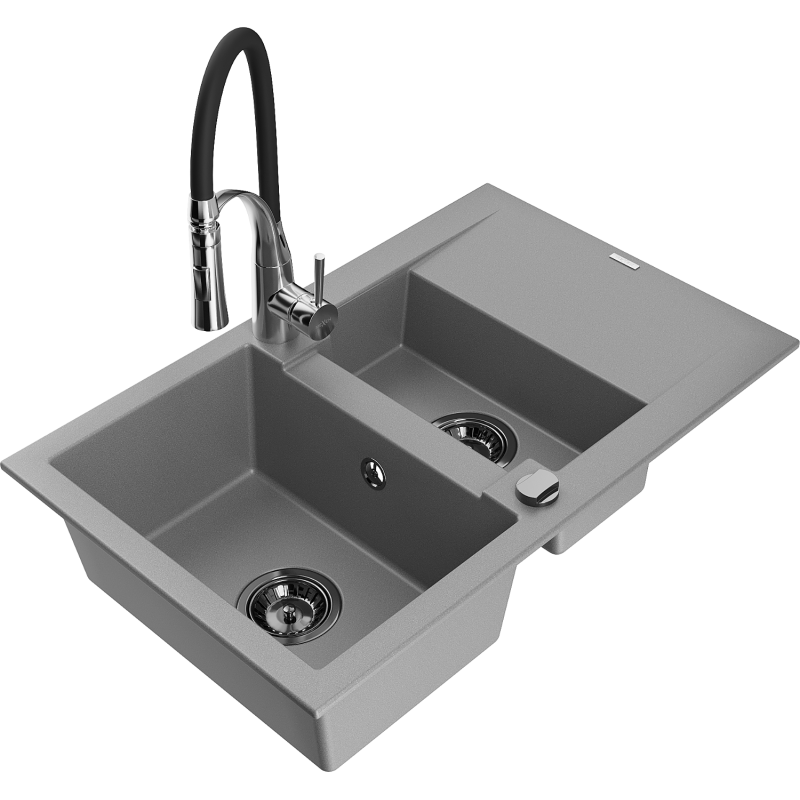 Mexen Gaspar Granitspüle 1,5-Kammer mit Abtropffläche und Küchenarmatur Aster, grau - 6507-71-73450-07-B