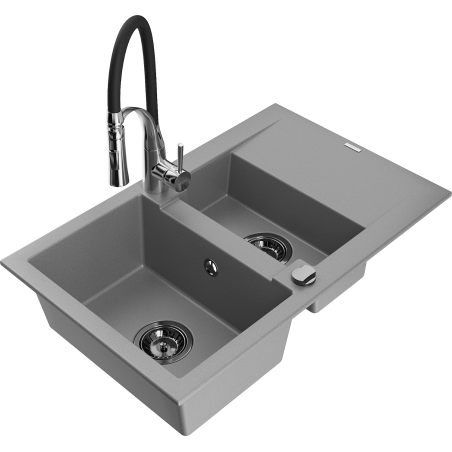 Mexen Gaspar Granitspüle 1,5-Kammer mit Abtropffläche und Küchenarmatur Aster, grau - 6507-71-73450-07-B