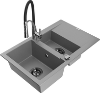 Mexen Gaspar Granitspüle 1,5-Kammer mit Abtropffläche und Küchenarmatur Aster, grau - 6507-71-73450-07-B