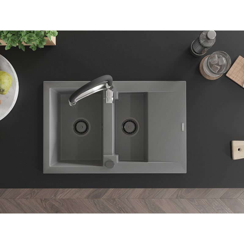 Mexen Gaspar Granitspüle 1,5-Kammer mit Abtropffläche und Küchenarmatur Aster, grau - 6507-71-73450-07-B