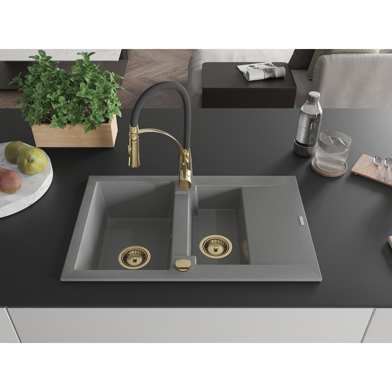 Mexen Gaspar Granitspüle 1,5-Schüsseln mit Abtropffläche und Küchenarmatur Aster, grau - 6507-71-73450-57-G