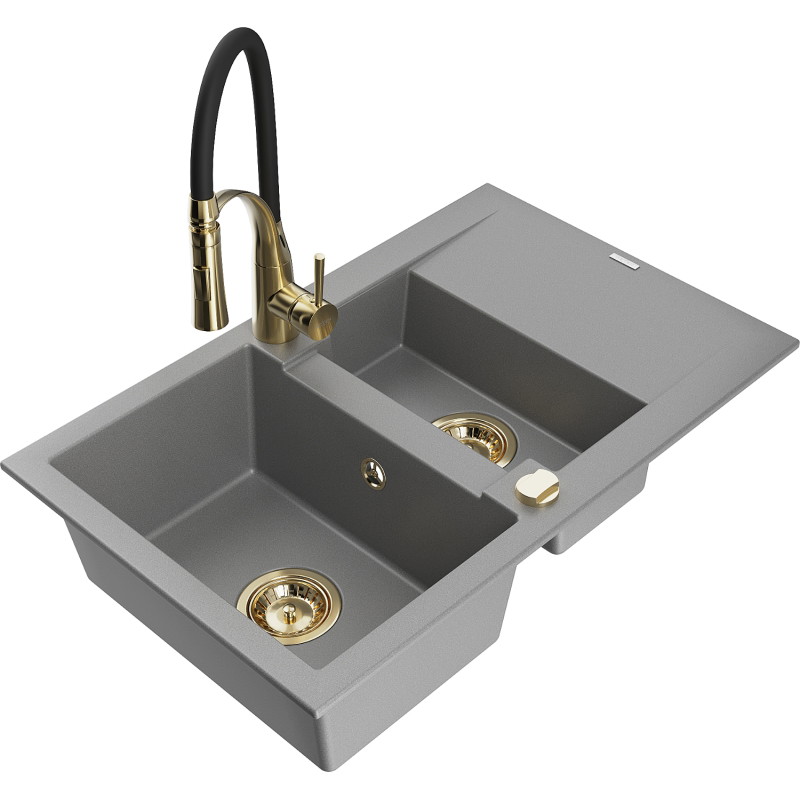 Mexen Gaspar Granitspüle 1,5-Kammer mit Abtropffläche und Küchenarmatur Aster, grau - 6507-71-73450-57-G
