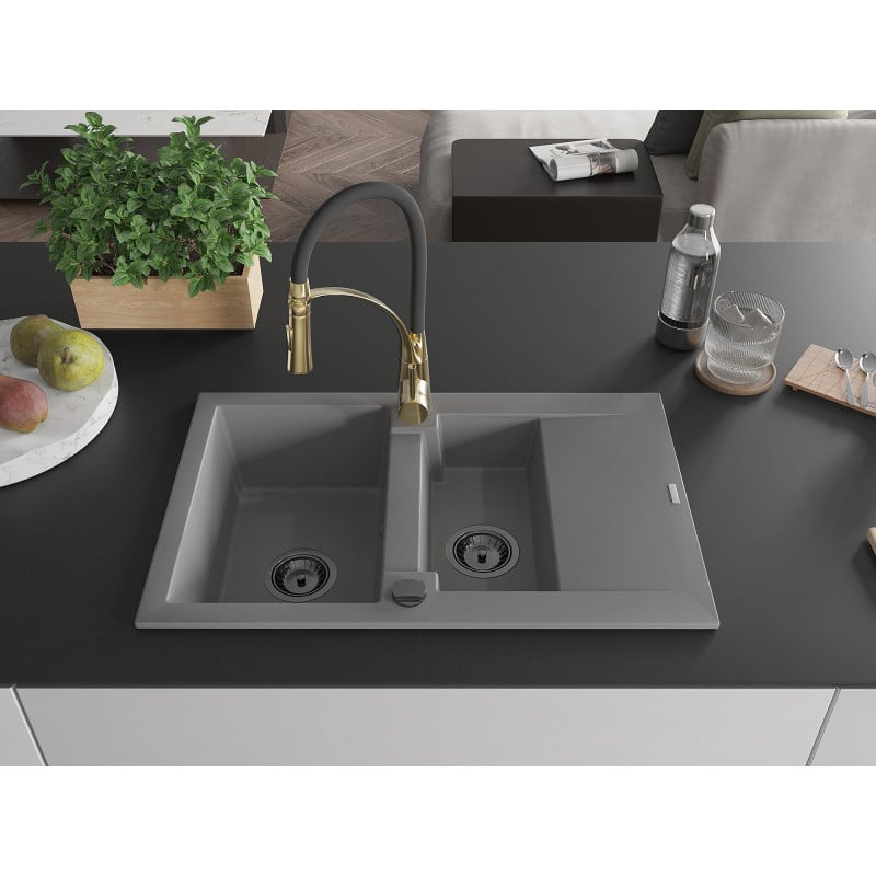 Mexen Gaspar Granitspüle 1,5-Becken mit Abtropffläche und Küchenarmatur Aster, grau - 6507-71-73450-57-B
