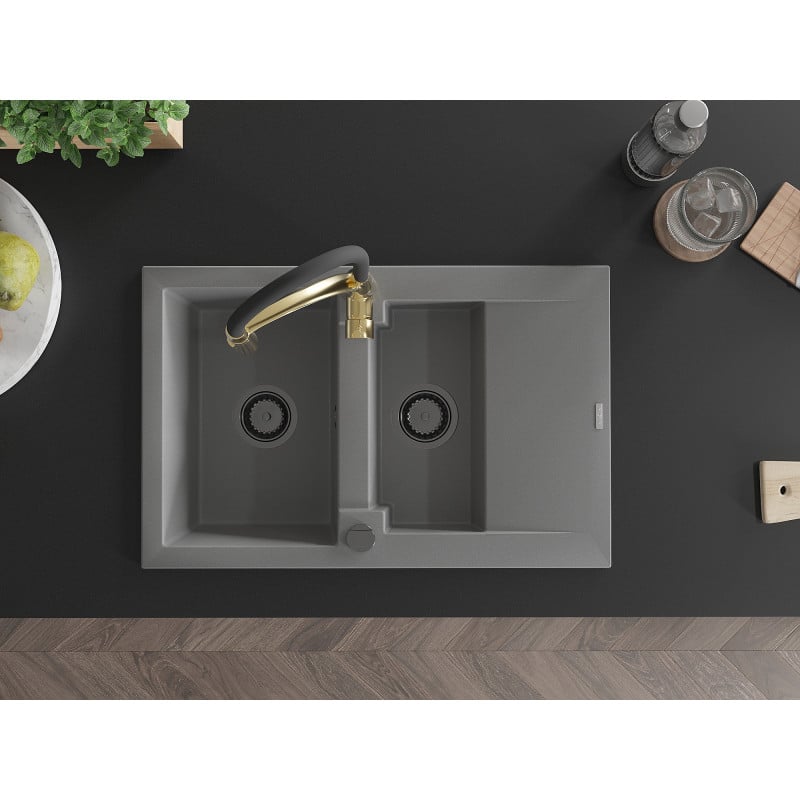 Mexen Gaspar Granitspüle 1,5-Becken mit Abtropffläche und Küchenarmatur Aster, grau - 6507-71-73450-57-B