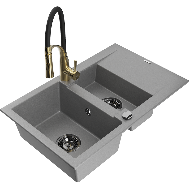 Mexen Gaspar Granitspüle 1,5-Becken mit Abtropffläche und Küchenarmatur Aster, grau - 6507-71-73450-57-B