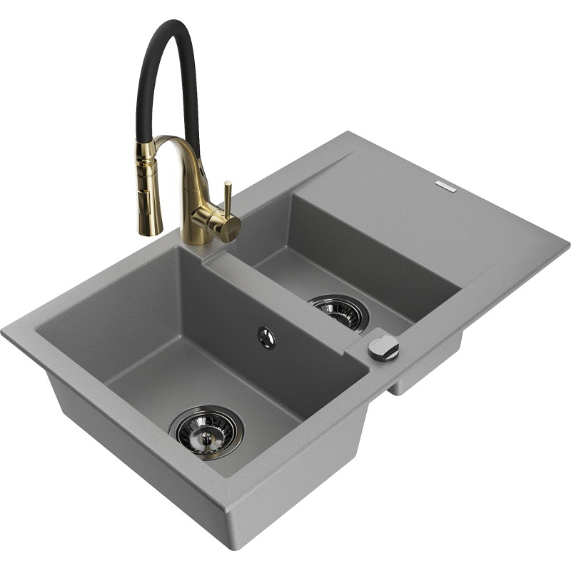 Mexen Gaspar Granitspüle 1,5-beckig mit Abtropffläche und Küchenarmatur Aster, grau - 6507-71-73450-57-B