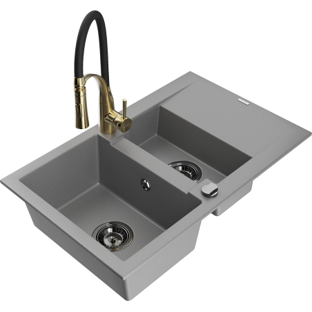 Mexen Gaspar 1,5-Schalen-Einbauspüle aus Granit mit Abtropffläche und Küchenarmatur Aster, grau - 6507-71-73450-57-B