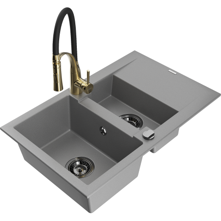 Mexen Gaspar Granitspüle 1,5-Becken mit Abtropffläche und Küchenarmatur Aster, grau - 6507-71-73450-57-B