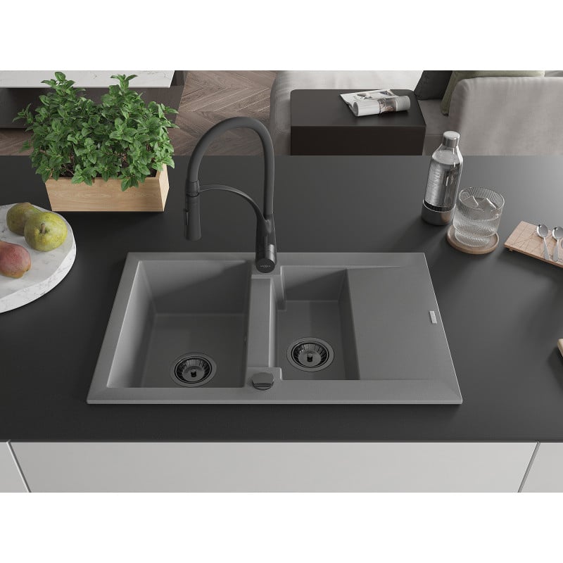 Mexen Gaspar Granitspüle 1,5-Becken mit Abtropffläche und Küchenarmatur Aster, grau - 6507-71-73450-70-B