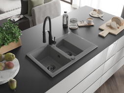 Mexen Gaspar Granitspüle 1,5-Becken mit Abtropffläche und Küchenarmatur Aster, grau - 6507-71-73450-70-B