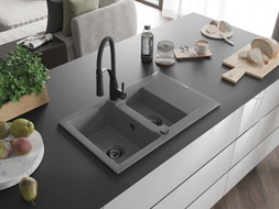 Mexen Gaspar Granitspüle mit 1,5 Becken, Abtropffläche und Küchenarmatur Aster, grau - 6507-71-73450-70-B
