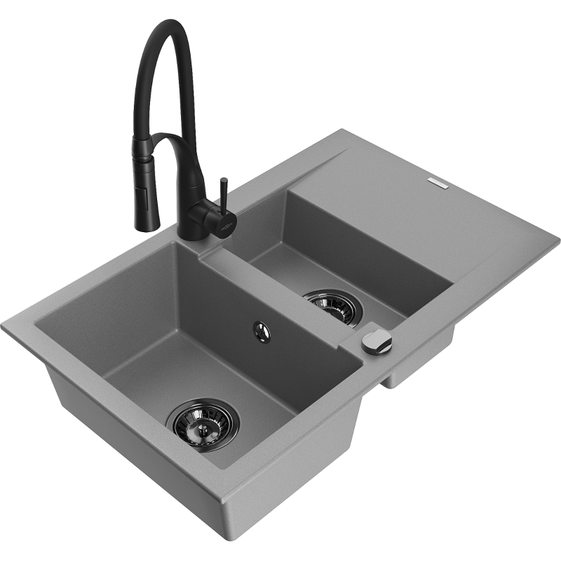 Mexen Gaspar Granitspüle 1,5-Becken mit Abtropffläche und Küchenarmatur Aster, grau - 6507-71-73450-70-B