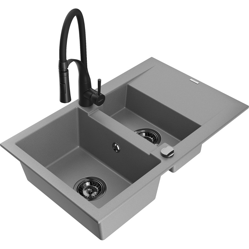 Mexen Gaspar Granitspüle mit 1,5 Becken, Abtropffläche und Küchenarmatur Aster, grau - 6507-71-73450-70-B