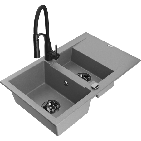 Mexen Gaspar Granitspüle 1,5-Becken mit Abtropffläche und Küchenarmatur Aster, grau - 6507-71-73450-70-B
