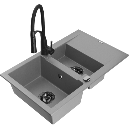 Mexen Gaspar Granitspüle mit 1,5 Becken, Abtropffläche und Küchenarmatur Aster, grau - 6507-71-73450-70-B