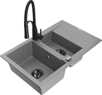 Mexen Gaspar Granitspüle 1,5-Becken mit Abtropffläche und Küchenarmatur Aster, grau - 6507-71-73450-70-B