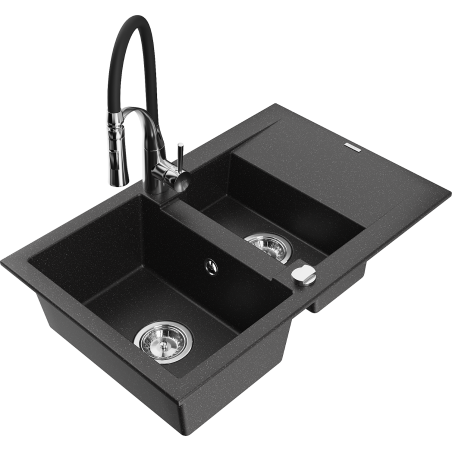 Mexen Gaspar Granitspüle 1,5-Becken mit Abtropffläche und Küchenarmatur Aster, schwarz/silber metallic - 6507-73-73450-07