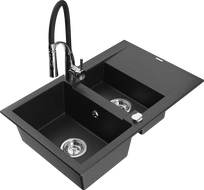 Mexen Gaspar Granitspüle 1,5-Becken mit Abtropffläche und Küchenarmatur Aster, schwarz/silber metallic - 6507-73-73450-07