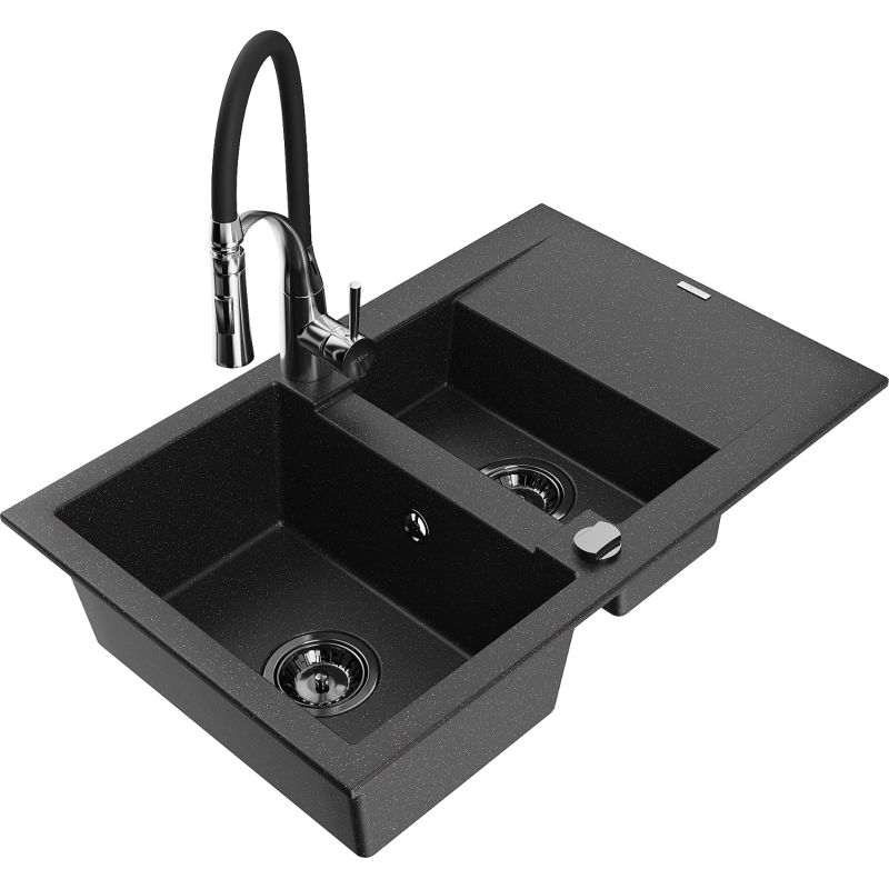 Mexen Gaspar Granitspüle 1,5-Becken mit Abtropffläche und Küchenarmatur Aster, schwarz/silber - 6507-73-73450-07-B