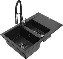 Mexen Gaspar Granitspüle 1,5-Becken mit Abtropffläche und Küchenarmatur Aster, schwarz/silber - 6507-73-73450-07-B